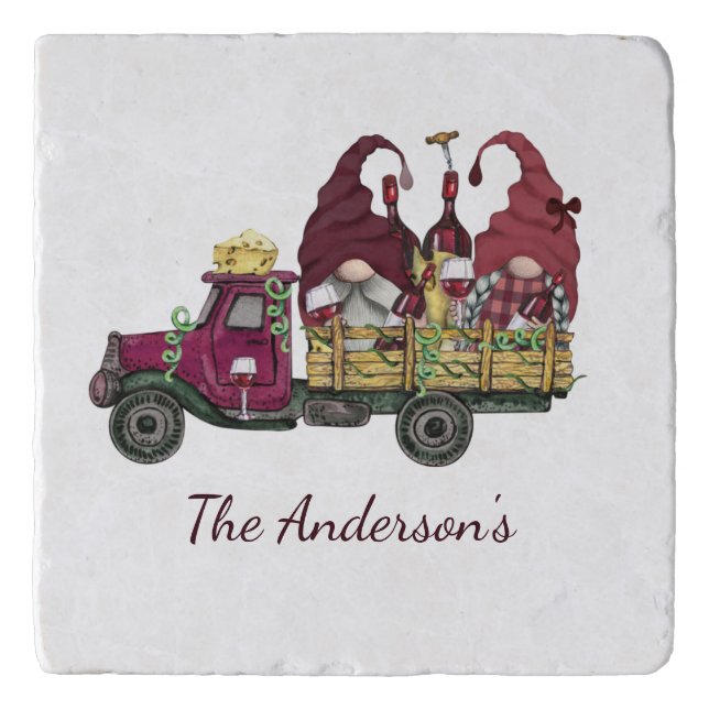Personalized Gnomes in Wine Truck Whimsical Trendy Trivet (Front)