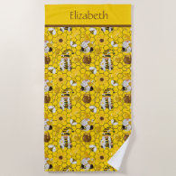 Personalized Gnomes Making Honey Yellow Floral Beach Towel