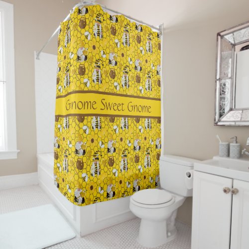 Personalized Gnomes Making Honey Yellow Floral Shower Curtain