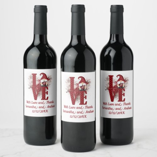 Personalized Gnomes Red Love Cute Wedding Wine Label