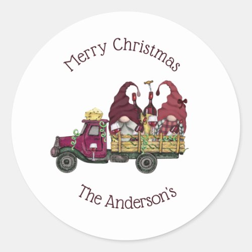 Personalized Gnomes Wine Truck Holiday Christmas C Classic Round Sticker