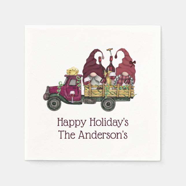 Personalized Gnomes Wine Truck Holiday Christmas Napkins (Front)