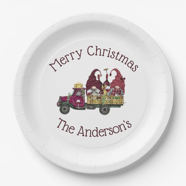 Personalized Gnomes Wine Truck Holiday Christmas Paper Plates (Front)