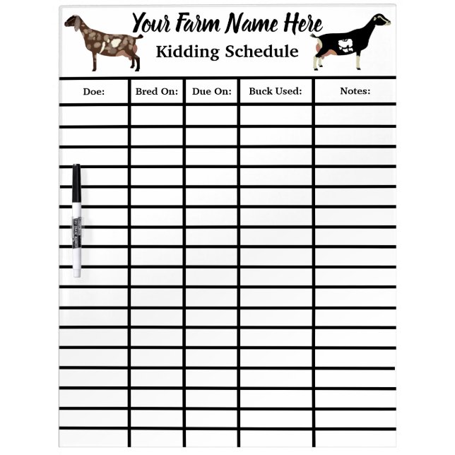 Personalized Goat Kidding Schedule Dry Erase Board (Front)