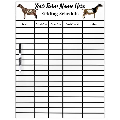 Personalized Goat Kidding Schedule Dry Erase Board