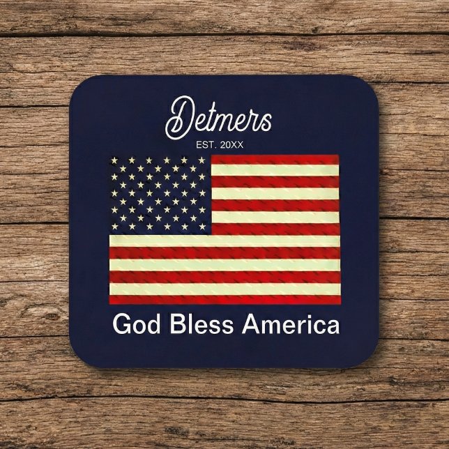 Personalized God Bless America Flag Cork Coaster (Liberty, justice, and clean tables.)