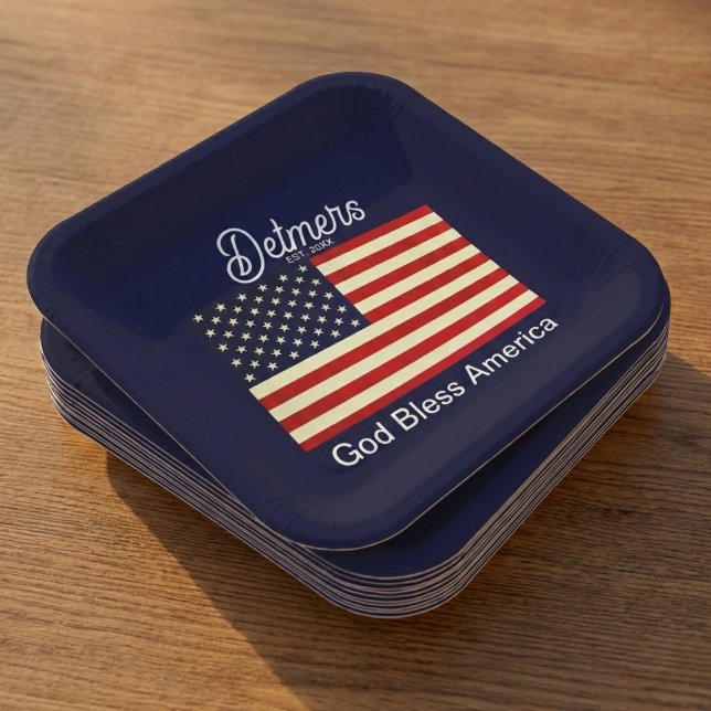 Personalized God Bless America Flag  Paper Plates (Red, white, blue, and barbecue.)
