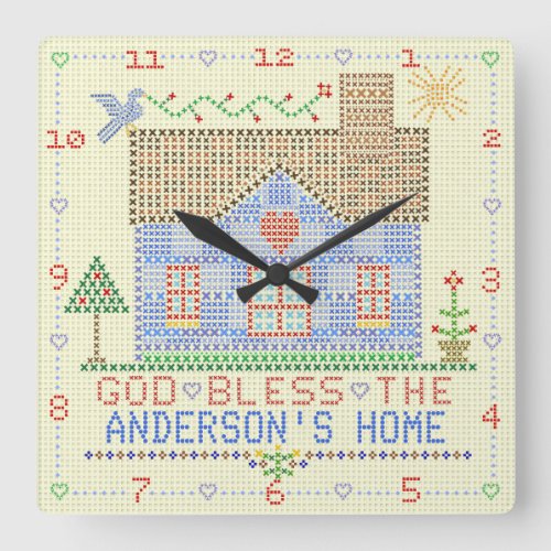 Personalized God Bless Home Cross Stitch House Square Wall Clock