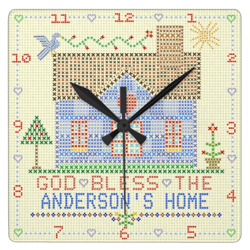 Personalized God Bless Home Cross Stitch House Square Wallclock