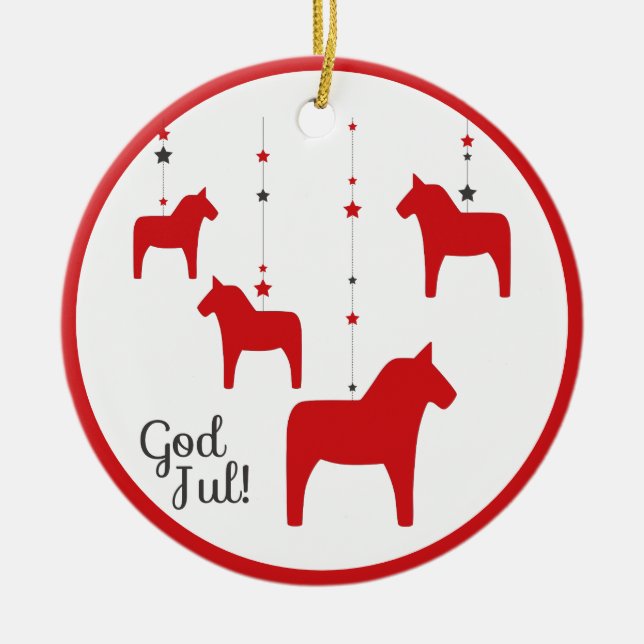 Personalized God jul! Christmas Dala Horse Ceramic Ornament (Front)
