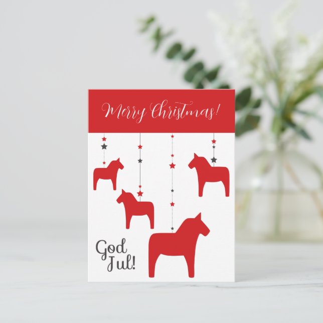 Personalized God jul! Christmas Dala Horse Holiday Postcard (Standing Front)