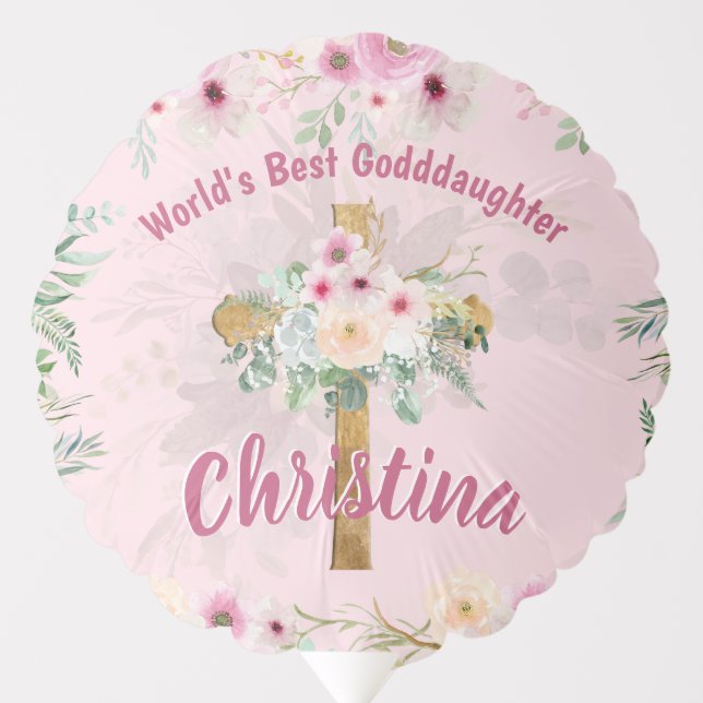 Personalized GODDAUGHTER Pink Floral Party Baptism Balloon (Front)