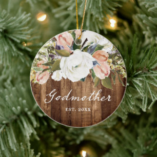 Personalized Godmother Country Woodgrain Christmas Ceramic Ornament