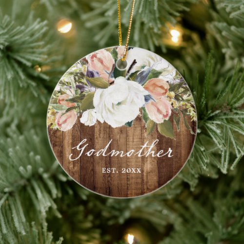 Personalized Godmother Country Woodgrain Christmas Ceramic Ornament