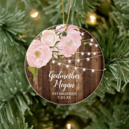 Personalized Godmother Farmhouse String Lights Ceramic Ornament