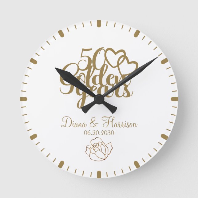 Personalized Gold 50th Anniversary Gift White Round Clock (Front)