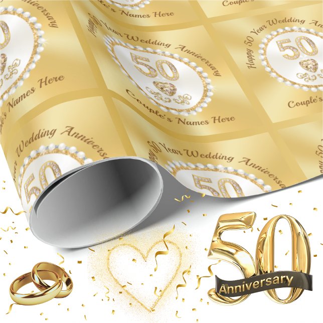 Personalized Gold, 50th Anniversary Wrapping Paper (50th Anniversary Wrapping Paper. Personalized 50th Wedding Anniversary Gift Wrap. Golden Anniversary)