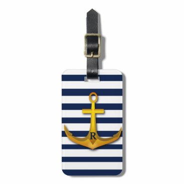 Personalized Gold Anchor Navy White Stripes Bag Tag Personalized Gold Anchor Navy White Stripes Bag Tag