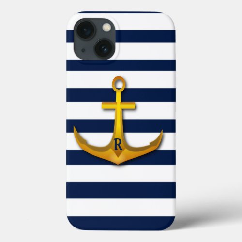 Personalized Gold Anchor Navy White Stripes iPhone 13 Case