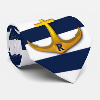 Personalized Gold Anchor Navy White Stripes Neck Tie