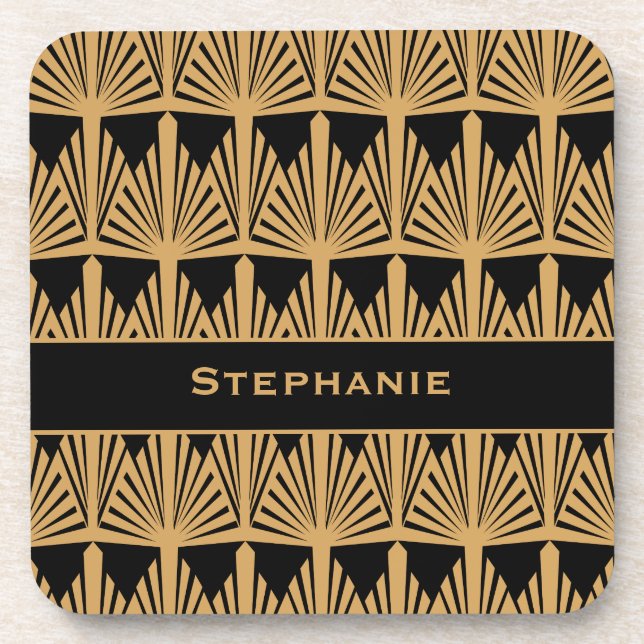 Personalized Gold and Black Art Deco Pattern Beverage Coaster (Front)
