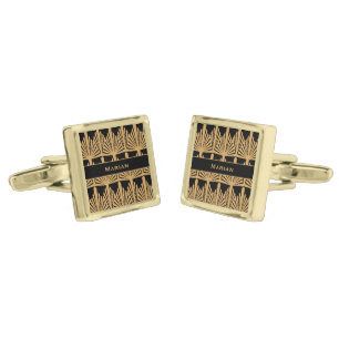 Personalized Gold and Black Art Deco Pattern Gold Cufflinks