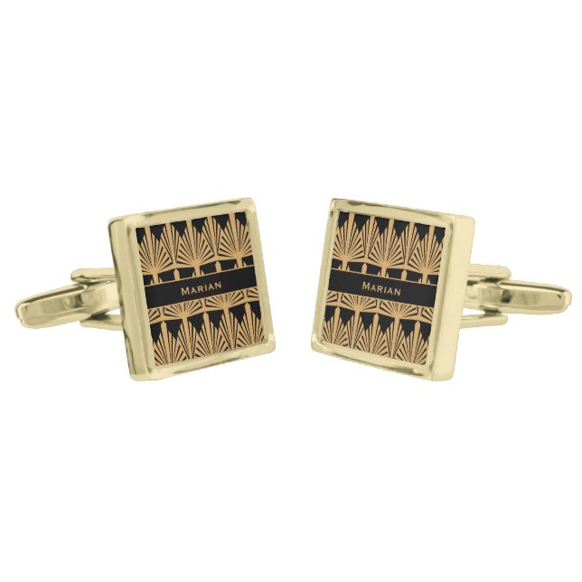Personalized Gold and Black Art Deco Pattern Gold Cufflinks (Angled)