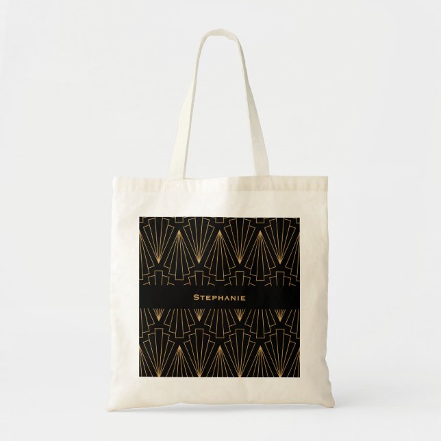 Personalized Gold and Black Art Deco Pattern Tote Bag (Front)