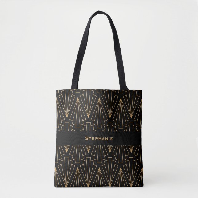Personalized Gold and Black Art Deco Pattern Tote Bag (Front)