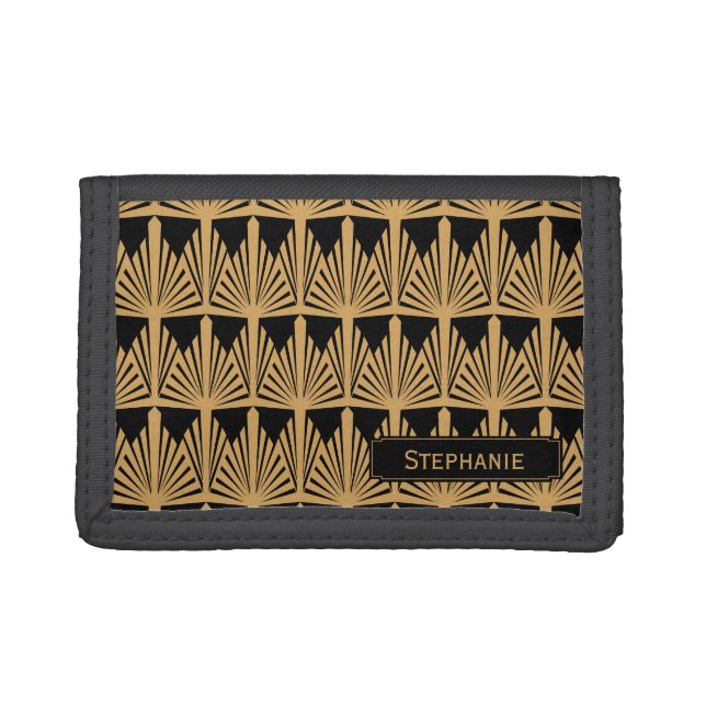Personalized Gold and Black Art Deco Pattern Tri-fold Wallet (Front)