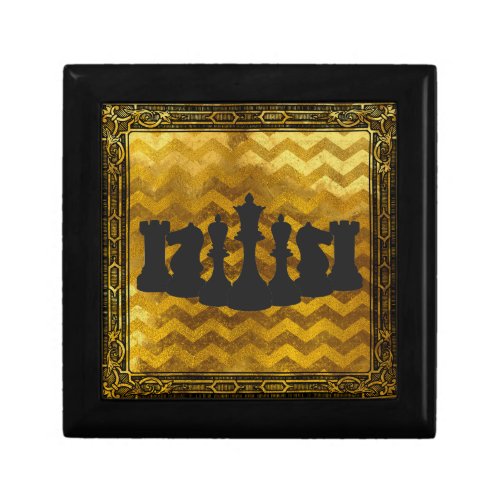 Personalized Gold and Black Chevron Chess Pieces Gift Box