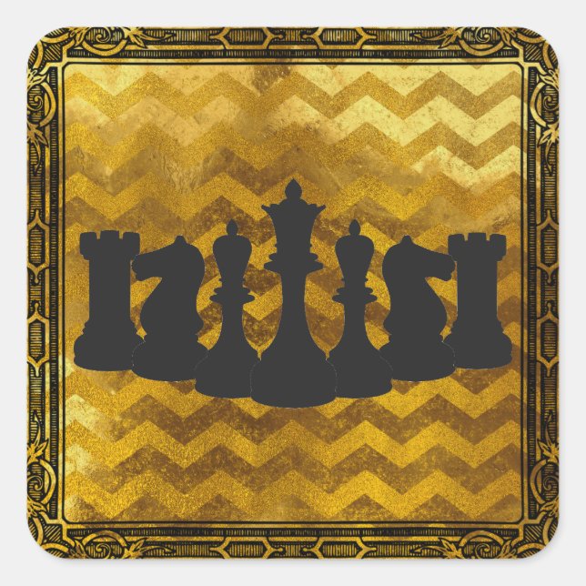 Personalized Gold and Black Chevron Chess Pieces Square Sticker (Front)