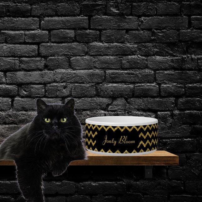 Personalized Gold And Black Chevron Glitter Pet Bowl (Creator Uploaded)