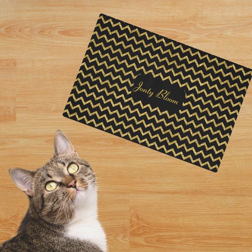 Personalized Gold And Black Chevron Glitter Pet Placemat