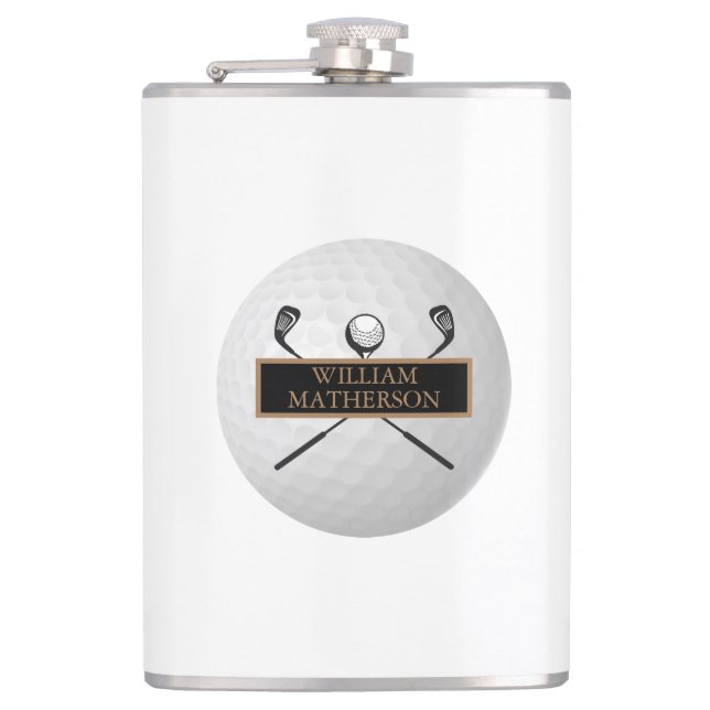 Personalized Gold and Black Golf Ball Classic Flask (Front)