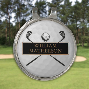 Personalized Gold and Black Golf Ball Classic Golf Hat Clip