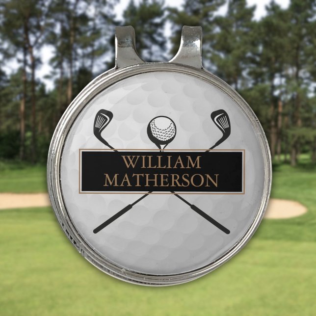 Personalized Gold and Black Golf Ball Classic Hat Clip (Personalized Gold and Black Golf Ball Classic Golf Hat Clip)