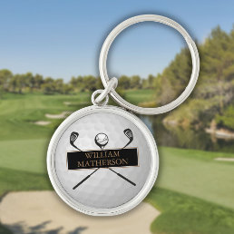 Personalized Gold and Black Golf Clubs And Ball  Keychain