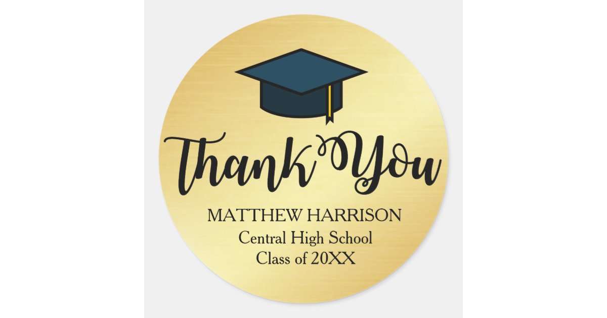 Personalized Gold and Black Thank You Graduation Classic Round Sticker