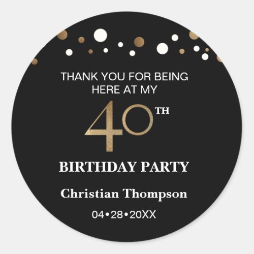 Personalized Gold and black theme 40th birthday Classic Round Sticker