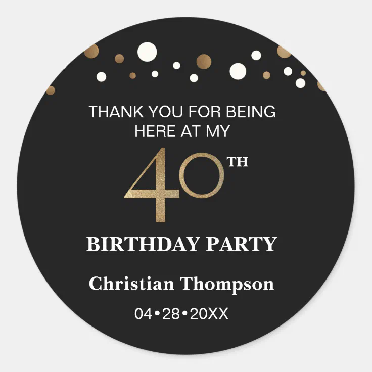 Elegant Black and Gold 40th Birthday Personalized Round Stickers 