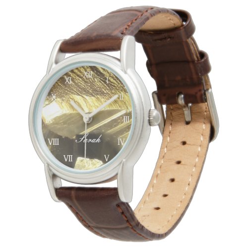 Personalized gold and brown leather women's luxury wrist watch