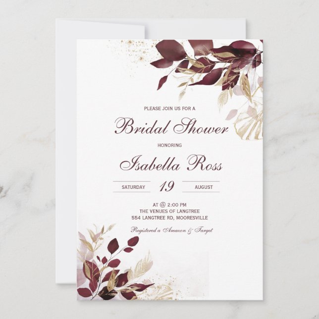 Personalized  Gold and Burgundy Bridal Shower Invitation (Front)