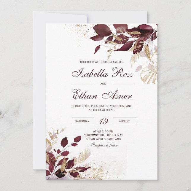 Personalized  Gold and Burgundy Wedding Invitation (Front)