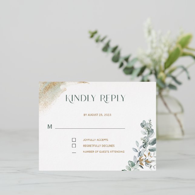 Personalized Gold and Green RSVP template (Standing Front)