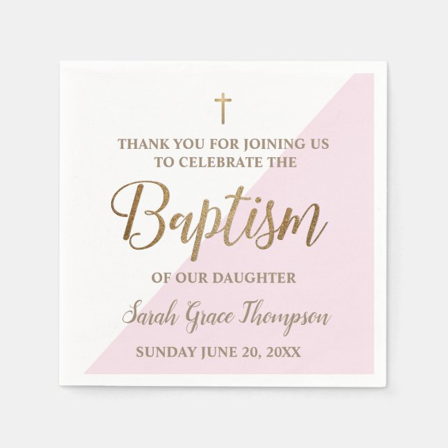 Personalized gold and pink white baby girl baptism napkins (Front)