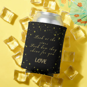 Personalized Gold and sparkles stars on black Can Cooler