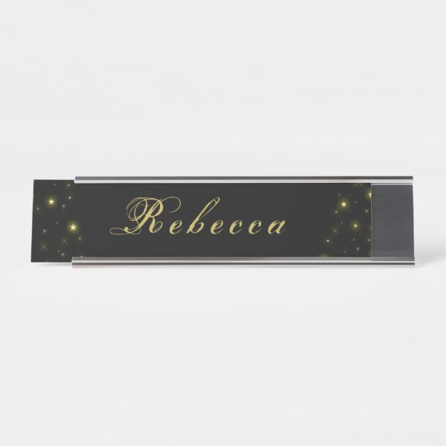 Personalized Gold and sparkles stars on black Desk Name Plate (Front)
