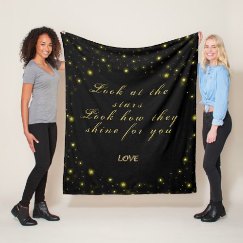 Personalized Gold and sparkles stars on black Fleece Blanket