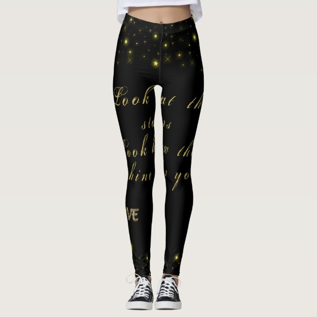 Personalized Gold and sparkles stars on black Leggings (Front)